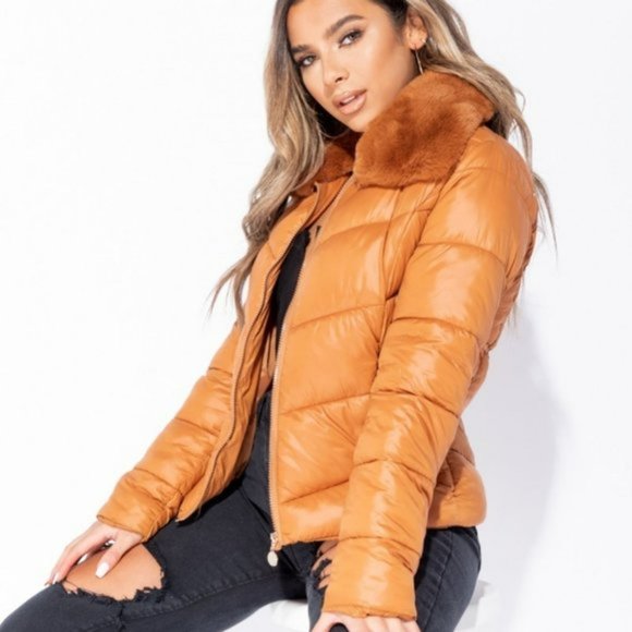 Long Sleeve Faux Fur Collar Padded Puffer Jacket - Picture 6 of 9